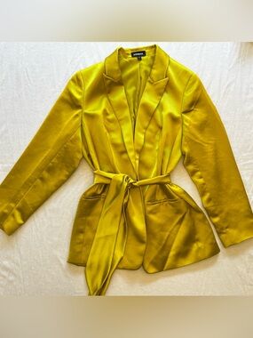 Express Quiet Luxury Night Out Glam Belted Blazer Vibrant Chartreuse Yellow